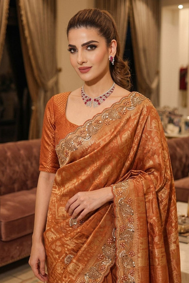 Orange Sequin with Beads Embroidered Border Kanjivaram Silk Saree (VZ-Connect-Orange)
