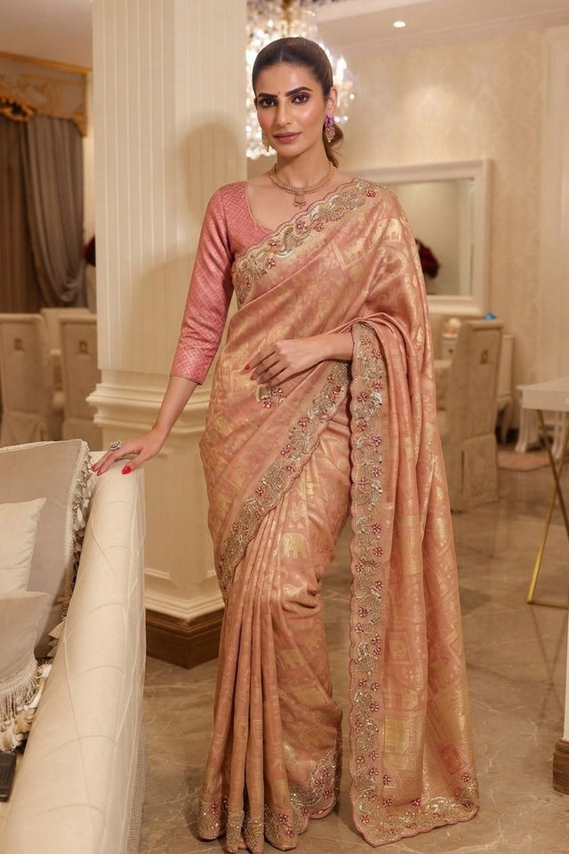 Pink Sequin with Beads Embroidered Border Kanjivaram Silk Saree (VZ-Connect-Pink)