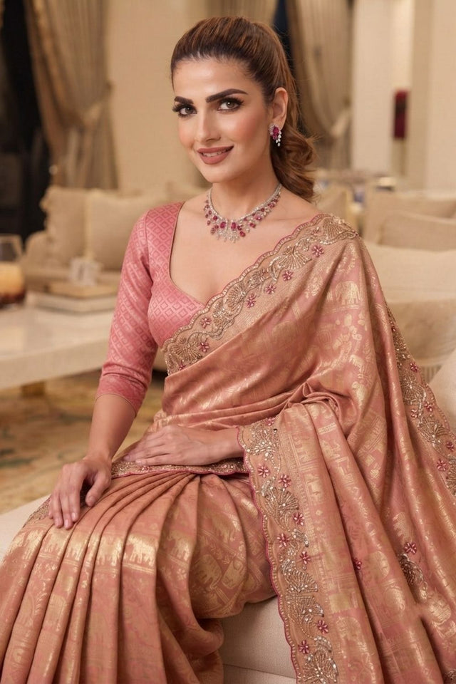 Pink Sequin with Beads Embroidered Border Kanjivaram Silk Saree (VZ-Connect-Pink)