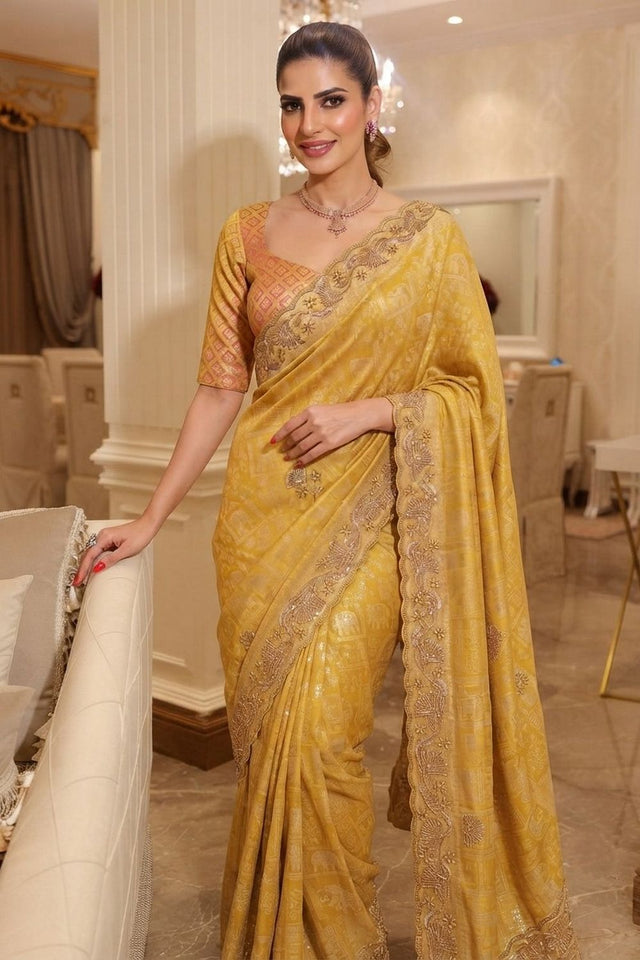 Yellow Sequin with Beads Embroidered Border Kanjivaram Silk Saree (VZ-Connect-Yellow)