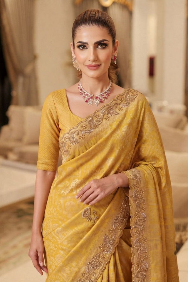 Yellow Sequin with Beads Embroidered Border Kanjivaram Silk Saree (VZ-Connect-Yellow)