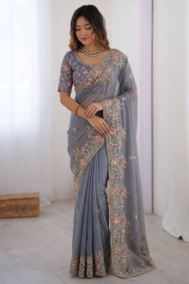 Grey Floral Embroidered Chiffon Saree (VZ-Dhwani2-Grey)