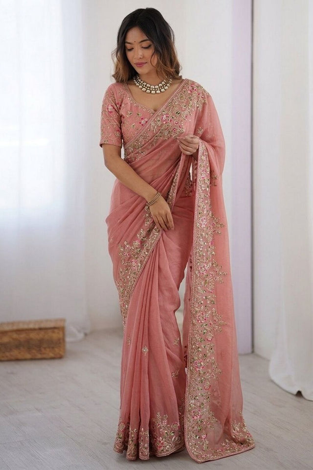 Peach Floral Embroidered Chiffon Saree (VZ-Dhwani2-Peach)