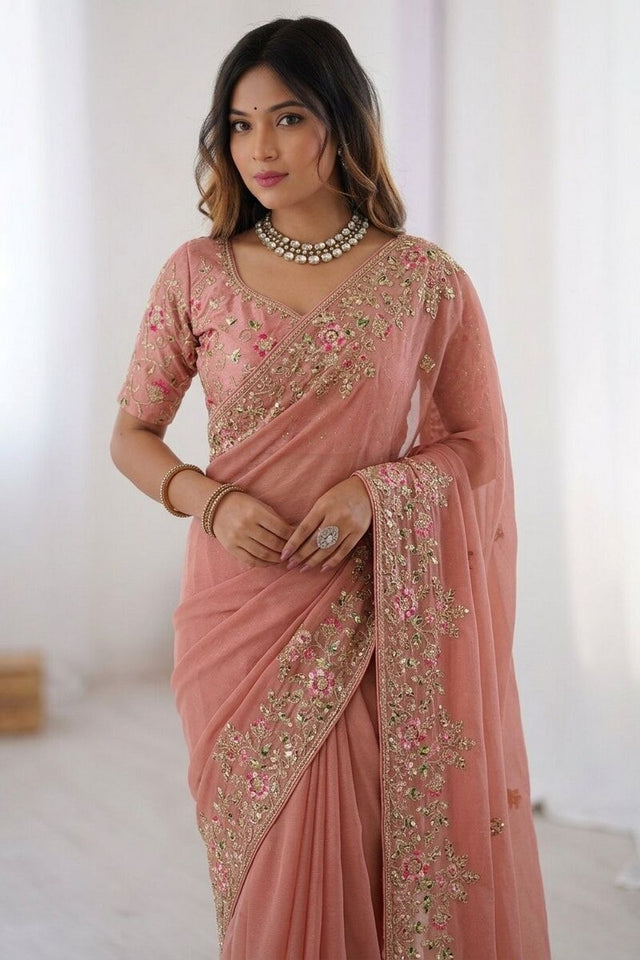 Peach Floral Embroidered Chiffon Saree (VZ-Dhwani2-Peach)