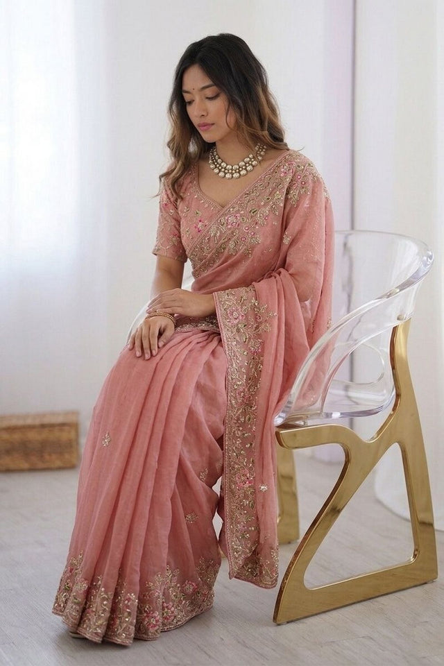 Peach Floral Embroidered Chiffon Saree (VZ-Dhwani2-Peach)