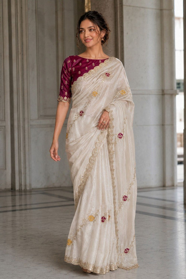 Off White Embroidered Satin Silk Saree (VZ-Ekta-Off White)