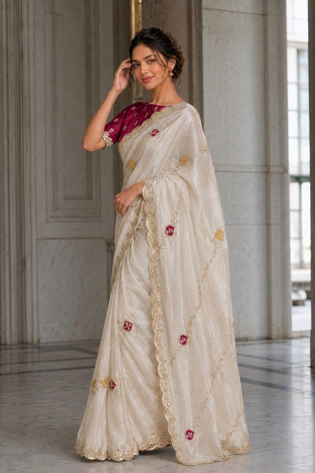 Off White Embroidered Satin Silk Saree (VZ-Ekta-Off White)