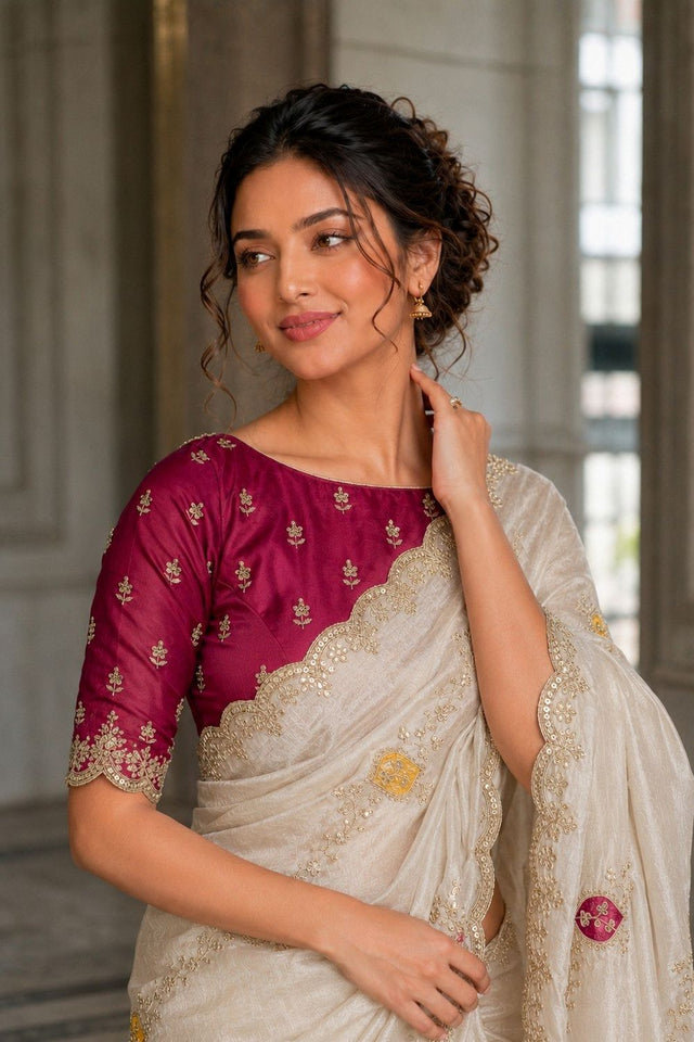 Off White Embroidered Satin Silk Saree (VZ-Ekta-Off White)