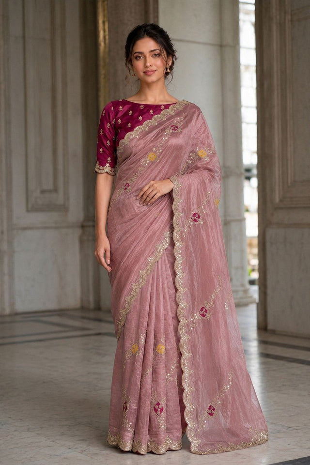 Peach Embroidered Satin Silk Saree (VZ-Ekta-Peach)
