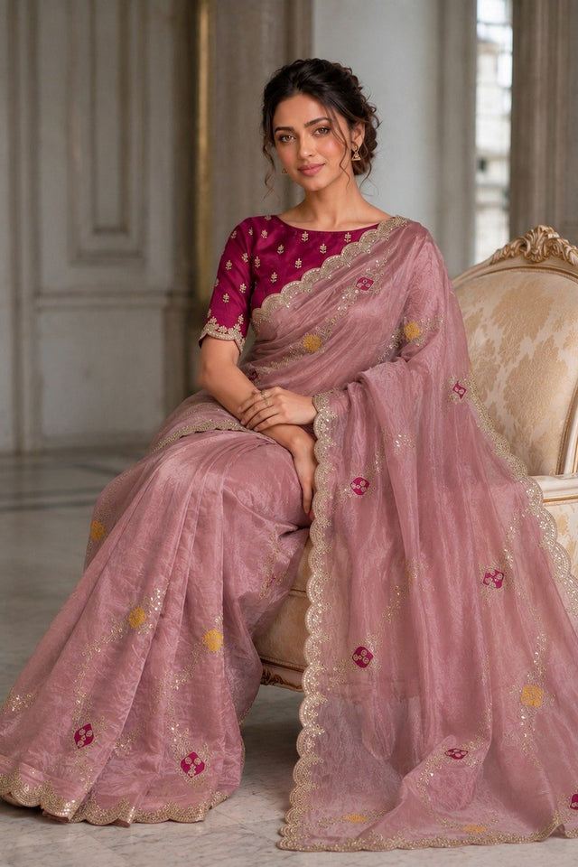 Peach Embroidered Satin Silk Saree (VZ-Ekta-Peach)