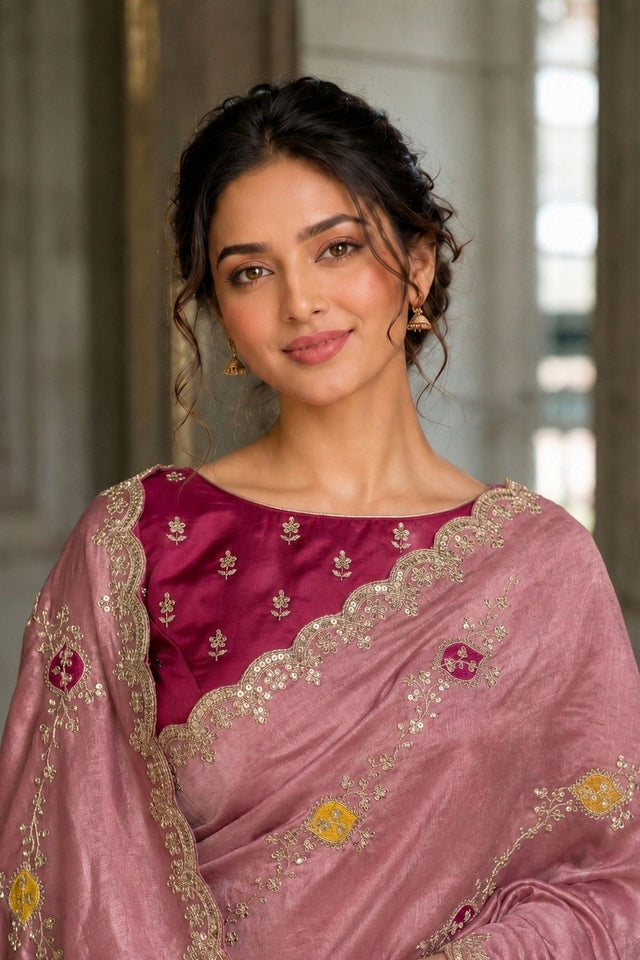Peach Embroidered Satin Silk Saree (VZ-Ekta-Peach)