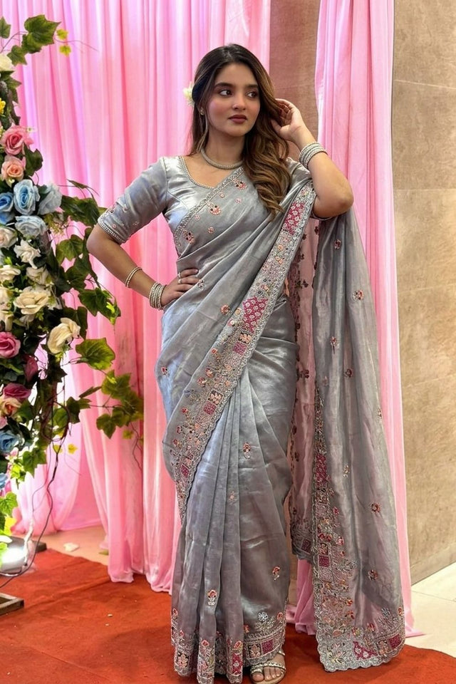 Grey Floral Embroidered Tissue Saree (VZ-Herons4-Grey)