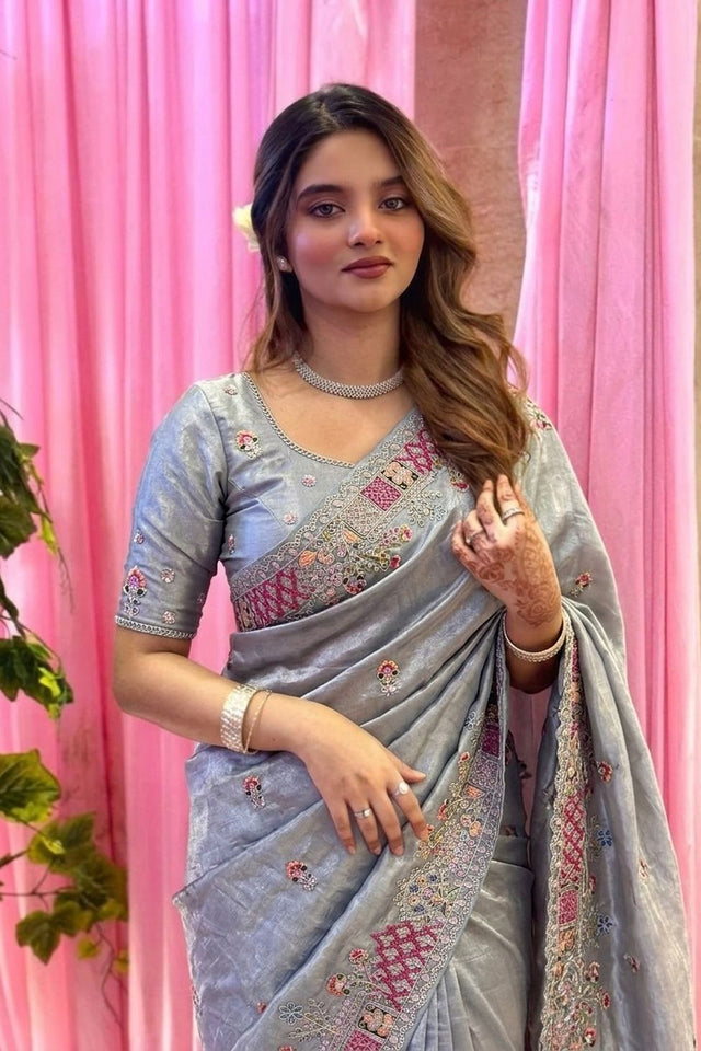 Grey Floral Embroidered Tissue Saree (VZ-Herons4-Grey)