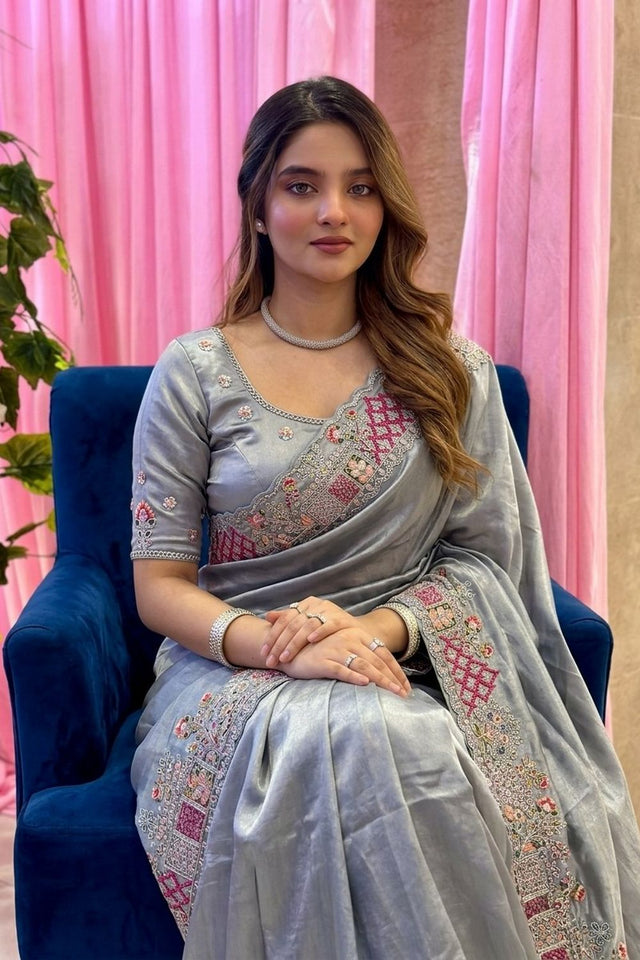 Grey Floral Embroidered Tissue Saree (VZ-Herons4-Grey)