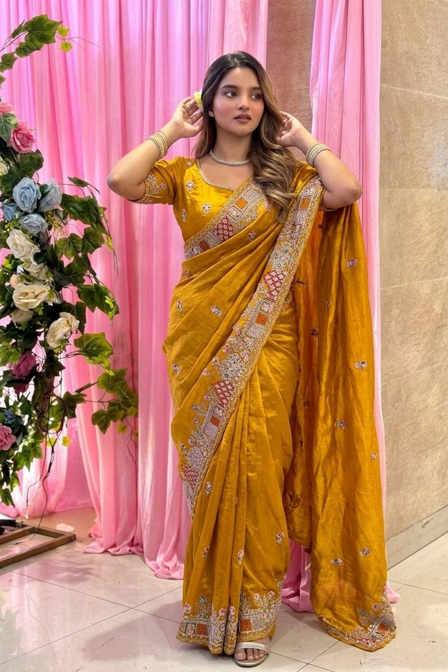 Mustard Floral Embroidered Tissue Saree (VZ-Herons4-Mustard)