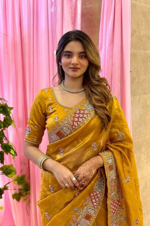 Mustard Floral Embroidered Tissue Saree (VZ-Herons4-Mustard)