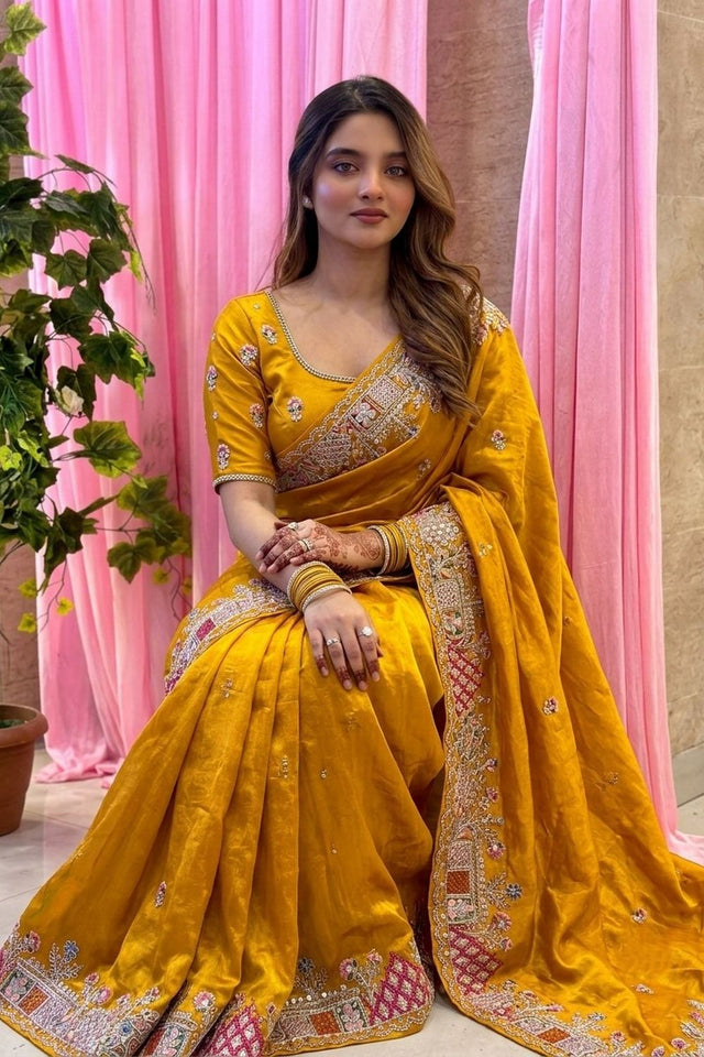 Mustard Floral Embroidered Tissue Saree (VZ-Herons4-Mustard)