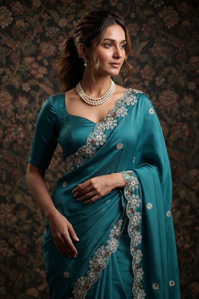 Sea Blue Floral Embroidered Satin Saree (VZ-Mosam1-Aqua)