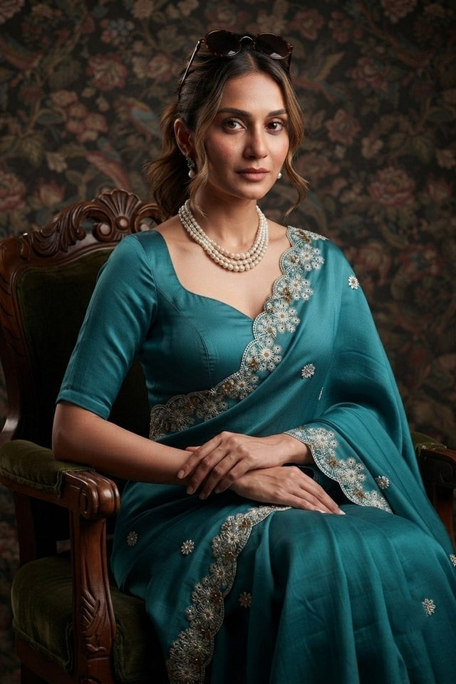 Sea Blue Floral Embroidered Satin Saree (VZ-Mosam1-Aqua)