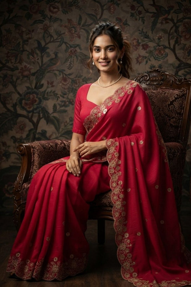 Pink Floral Embroidered Satin Saree (VZ-Mosam1-Pink)