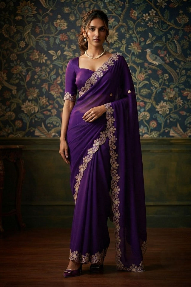 Purple Floral Embroidered Satin Saree (VZ-Mosam1-Purple)