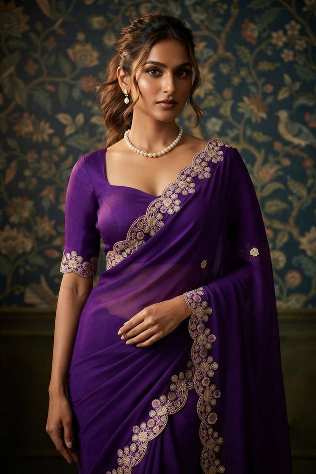 Purple Floral Embroidered Satin Saree (VZ-Mosam1-Purple)