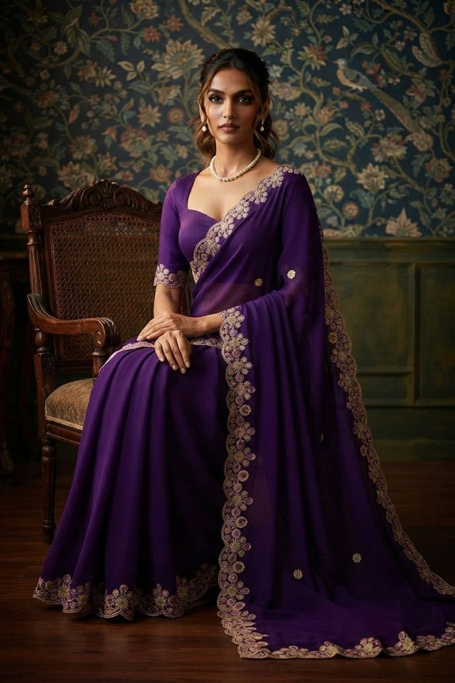 Purple Floral Embroidered Satin Saree (VZ-Mosam1-Purple)