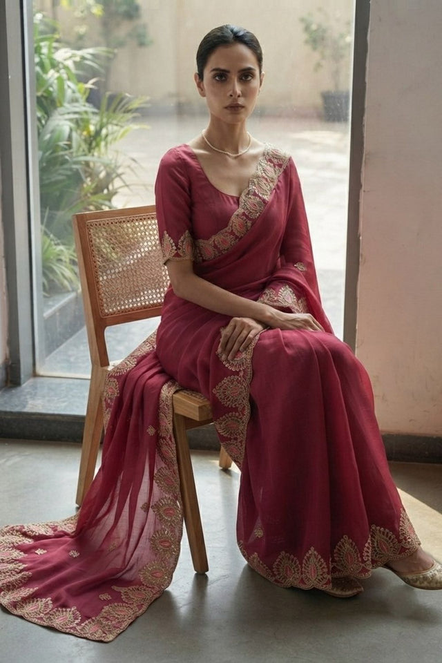 Pink Floral Embroidered Satin Saree (VZ-Mosam2-Pink)