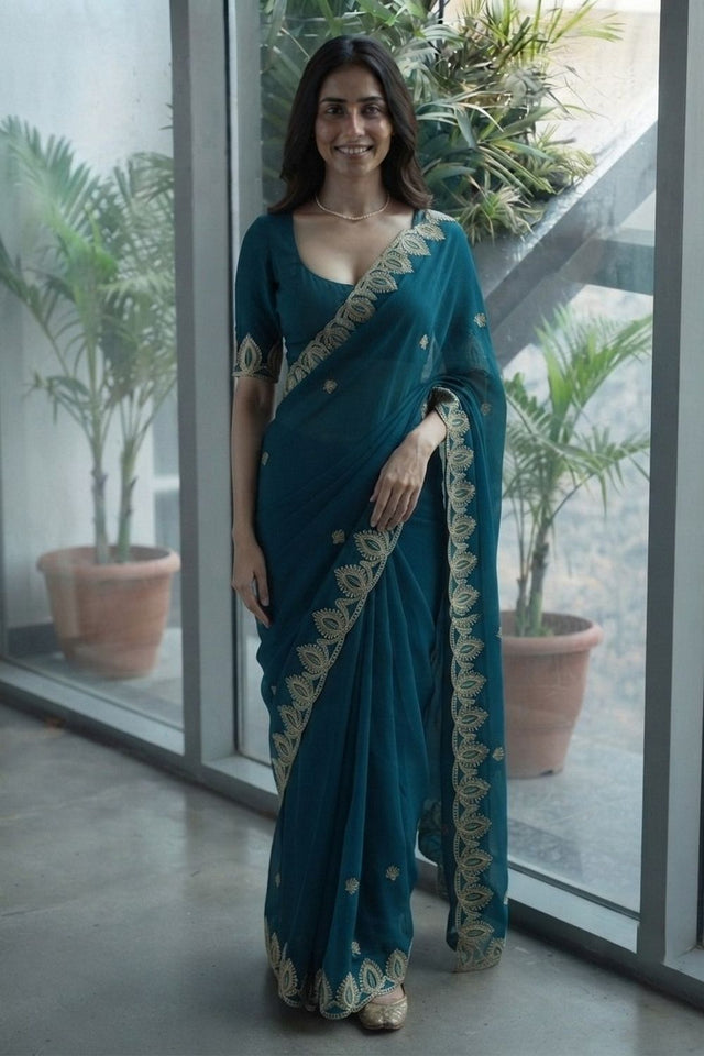 Turquoise Floral Embroidered Satin Saree (VZ-Mosam2-Teal)
