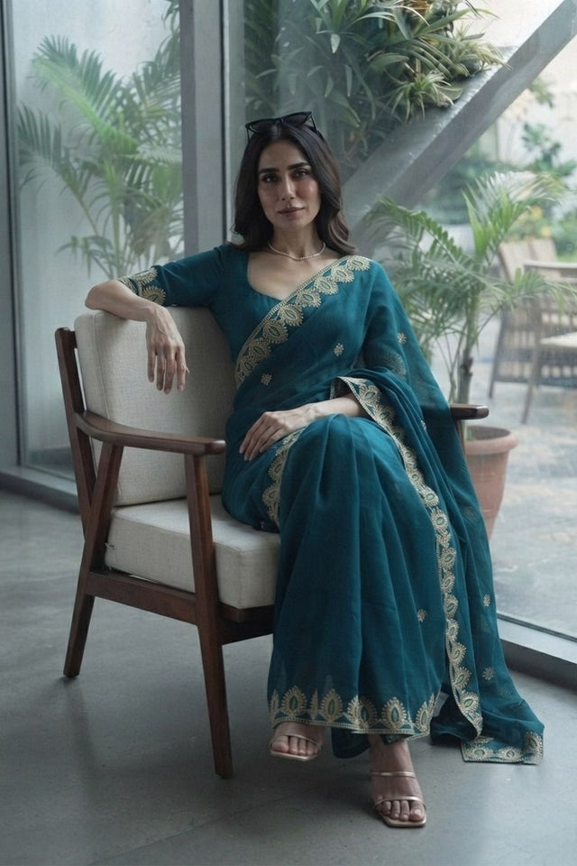 Turquoise Floral Embroidered Satin Saree (VZ-Mosam2-Teal)