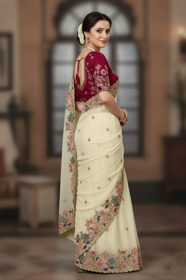 Cream Floral Embroidered Georgette Saree (VZ-Onetara)