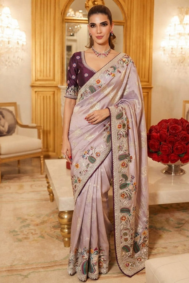 Lavender Floral Embroidered Kanjivaram Silk Saree (VZ-Rajwadi-Lavender)