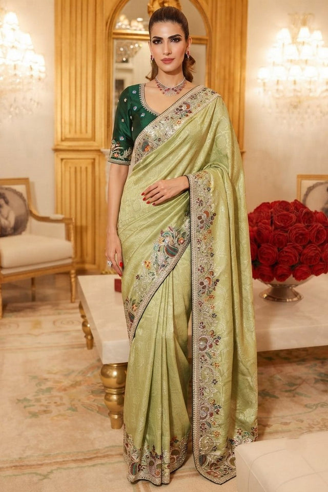 Light Green Floral Embroidered Kanjivaram Silk Saree (VZ-Rajwadi-Pistachio green)