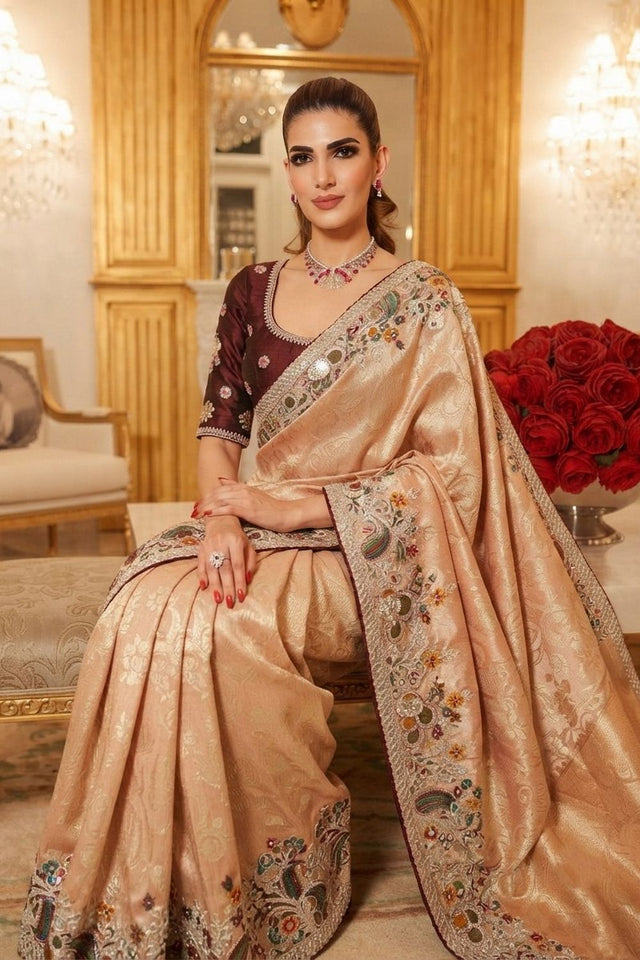 Peach Floral Embroidered Kanjivaram Silk Saree (VZ-Rajwadi-peach)