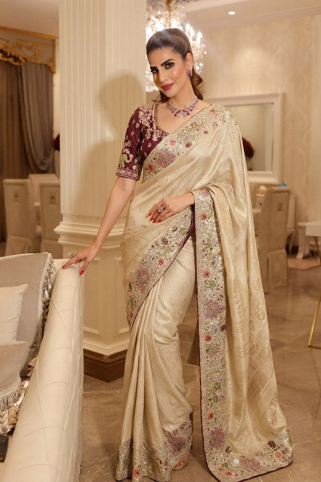 Cream Heavy Embroidered Kanjivaram Silk Saree (VZ-Royal Hathi-Cream)