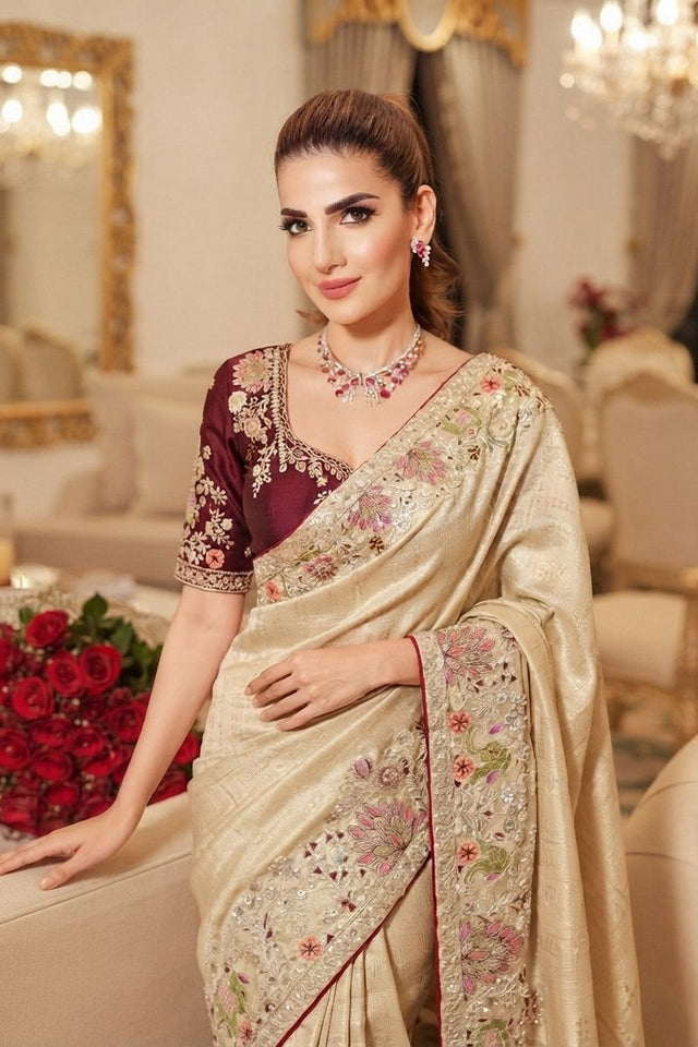 Cream Heavy Embroidered Kanjivaram Silk Saree (VZ-Royal Hathi-Cream)