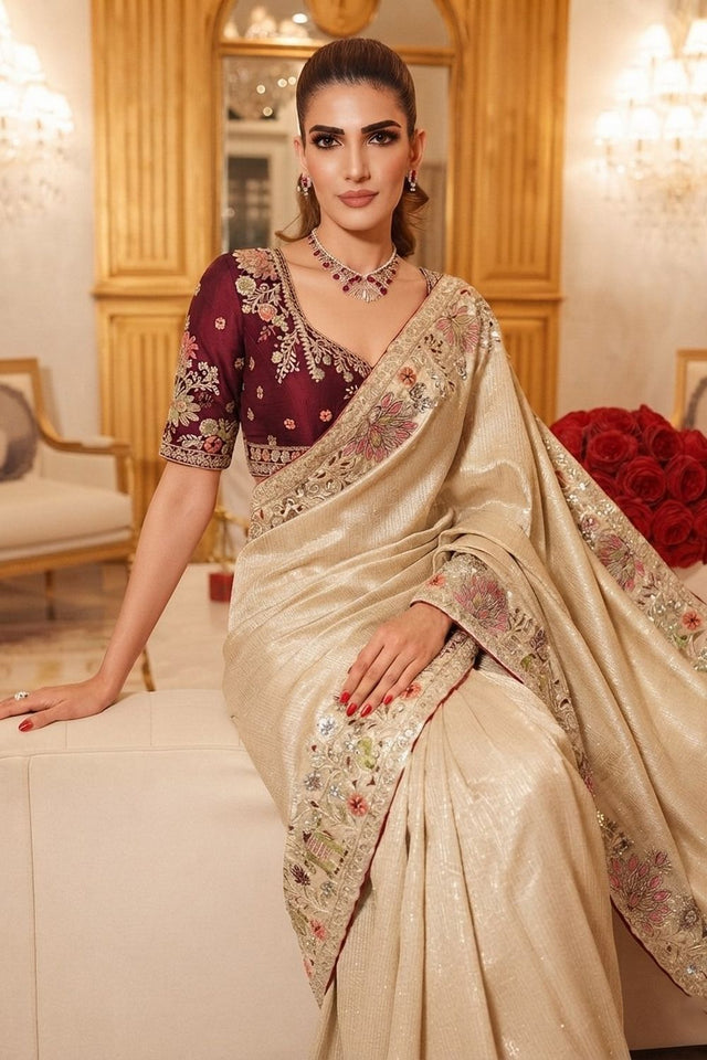 Cream Heavy Embroidered Kanjivaram Silk Saree (VZ-Royal Hathi-Cream)