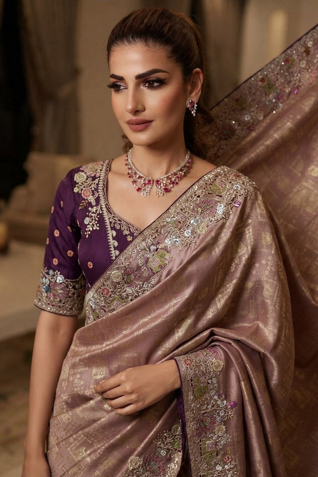 Mauve Heavy Embroidered Kanjivaram Silk Saree (VZ-Royal Hathi-Mauve)