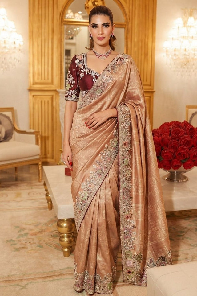 Peach Heavy Embroidered Kanjivaram Silk Saree (VZ-Royal Hathi-Peach)