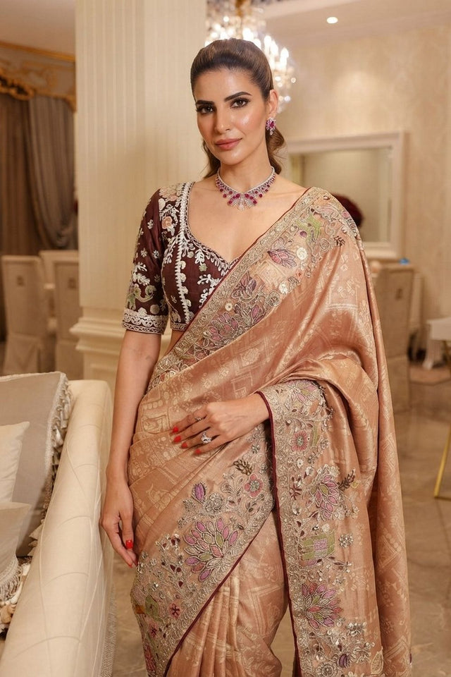 Peach Heavy Embroidered Kanjivaram Silk Saree (VZ-Royal Hathi-Peach)