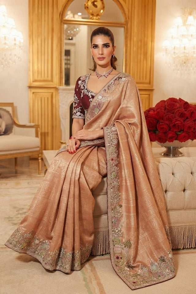 Peach Heavy Embroidered Kanjivaram Silk Saree (VZ-Royal Hathi-Peach)