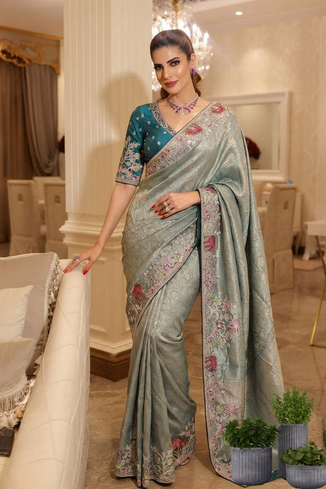 Sea Blue Embellished Kanjivaram Silk Saree (VZ-Royal Hiran-Aqua)