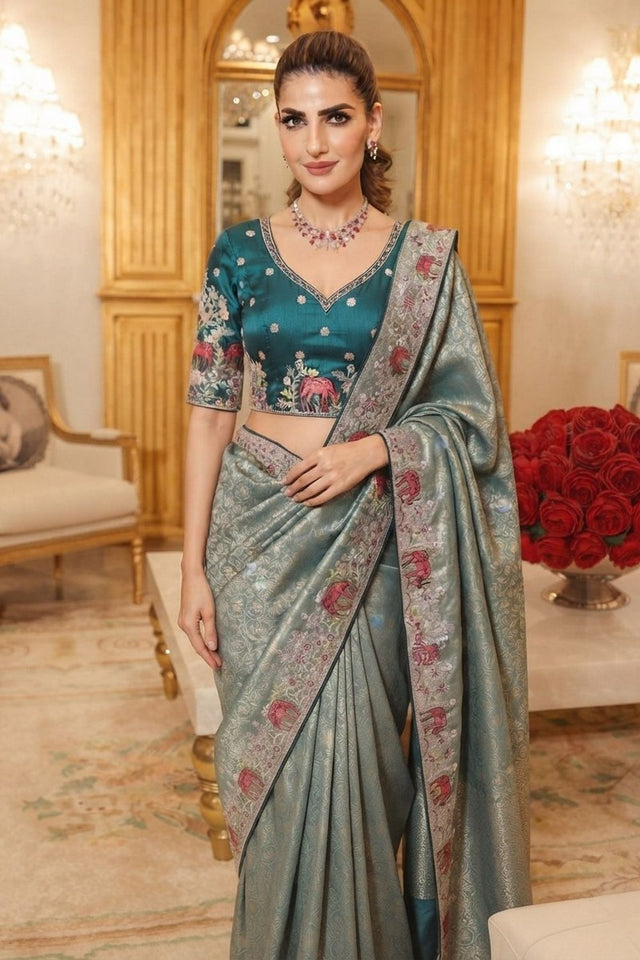 Sea Blue Embellished Kanjivaram Silk Saree (VZ-Royal Hiran-Aqua)