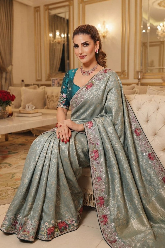 Sea Blue Embellished Kanjivaram Silk Saree (VZ-Royal Hiran-Aqua)