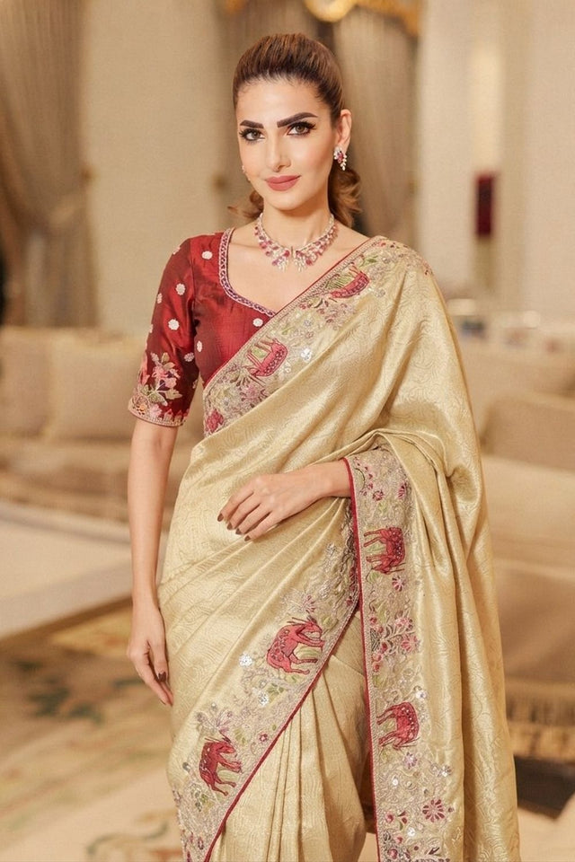 Cream Embellished Kanjivaram Silk Saree (VZ-Royal Hiran-Cream)