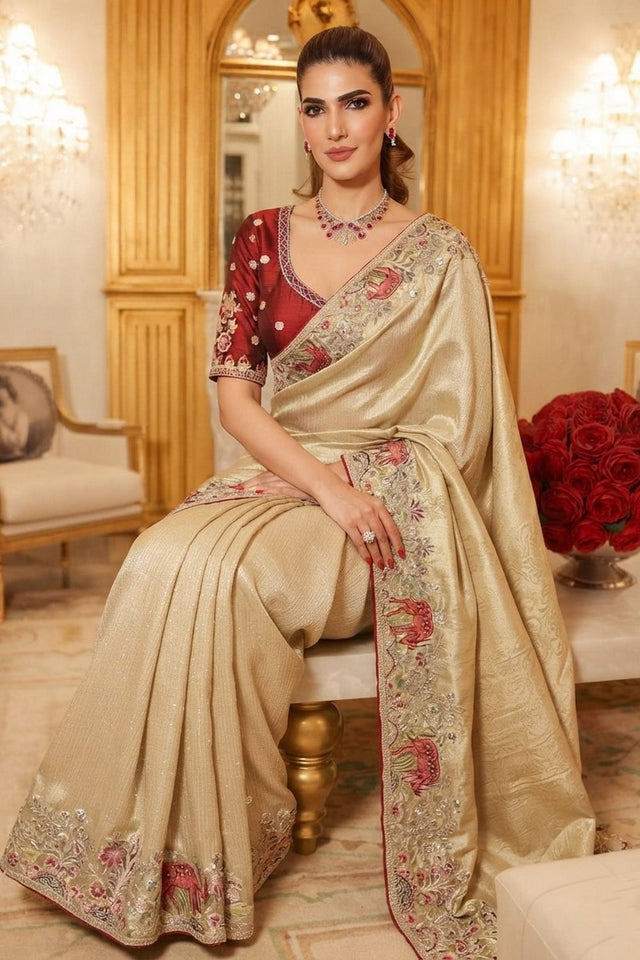 Cream Embellished Kanjivaram Silk Saree (VZ-Royal Hiran-Cream)