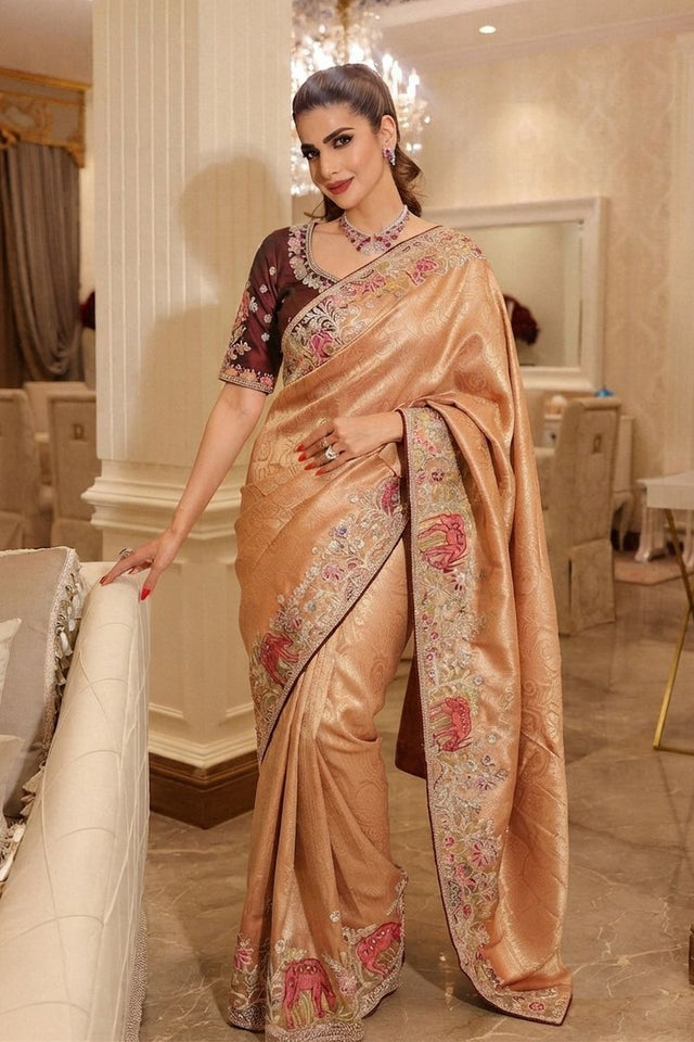 Peach Embellished Kanjivaram Silk Saree (VZ-Royal Hiran-Peach)
