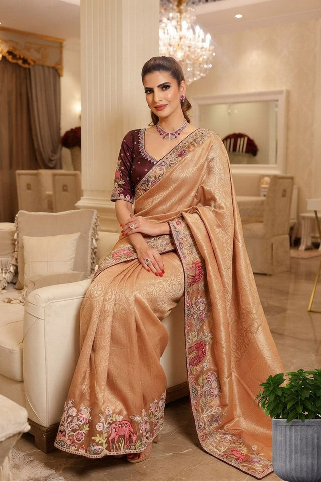 Peach Embellished Kanjivaram Silk Saree (VZ-Royal Hiran-Peach)
