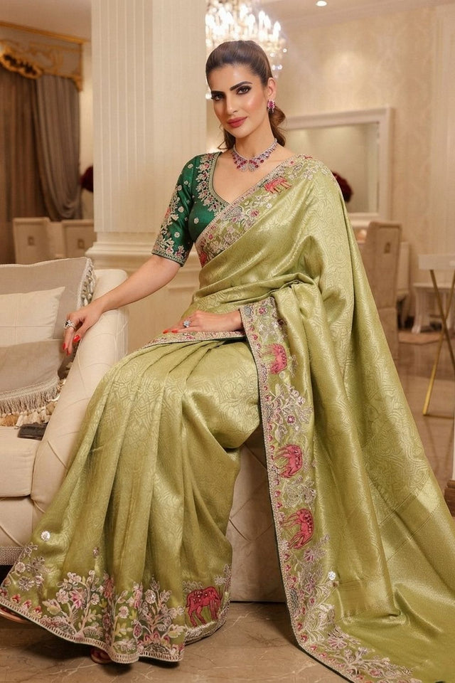 Green Embellished Kanjivaram Silk Saree (VZ-Royal Hiran-Pista)