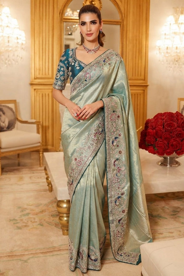 Sea Blue Stone Embossed Border Kanjivaram Silk Saree (VZ-Royal Mor-Aqua)